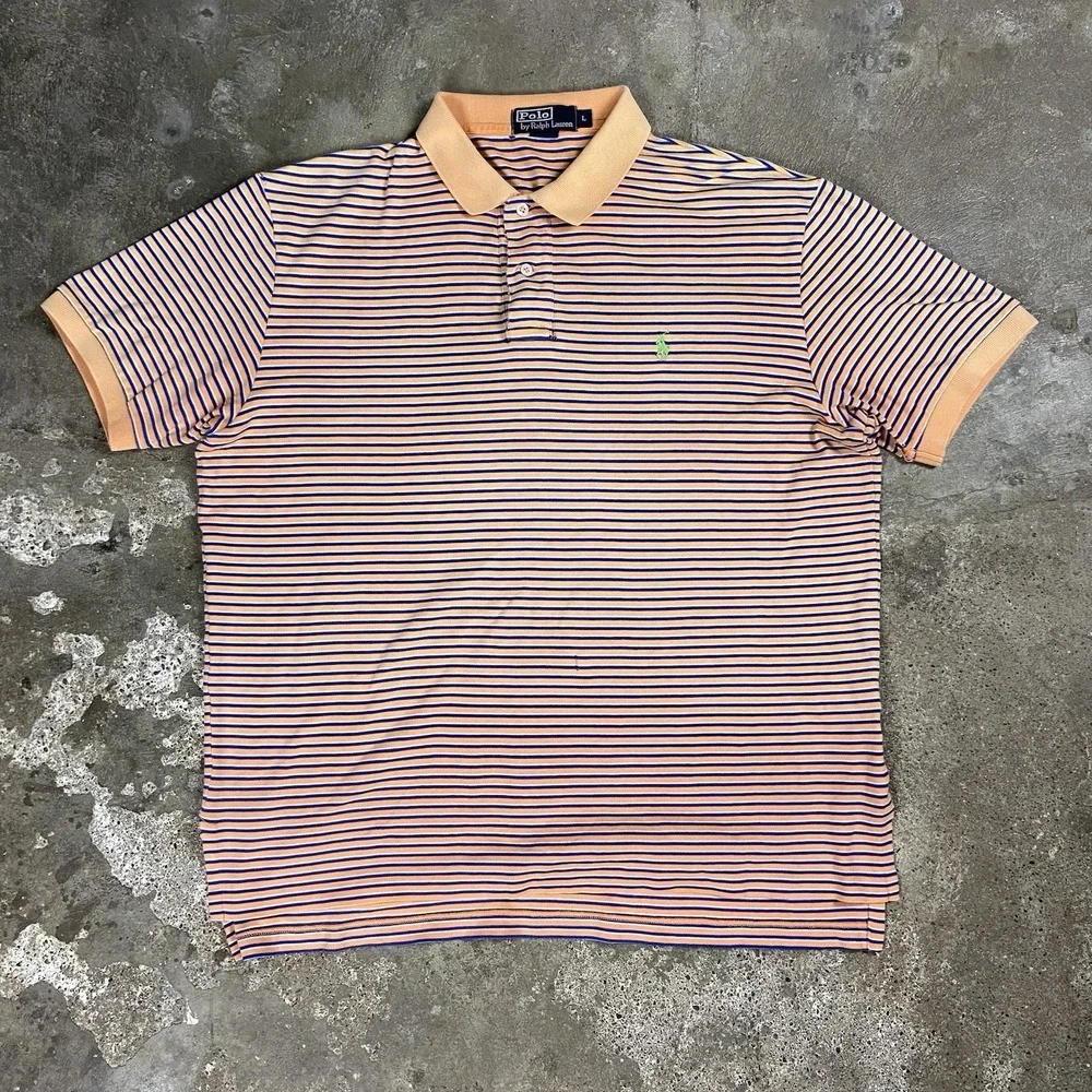 Vintage 90s Polo Ralph Lauren Polo Shirt Size Large Orange Striped Green Pony‎